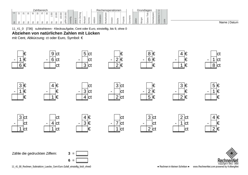 11_41_0 Rechnen Subtraktion Lücke Cent-Euro einstellig bis9 ohne0