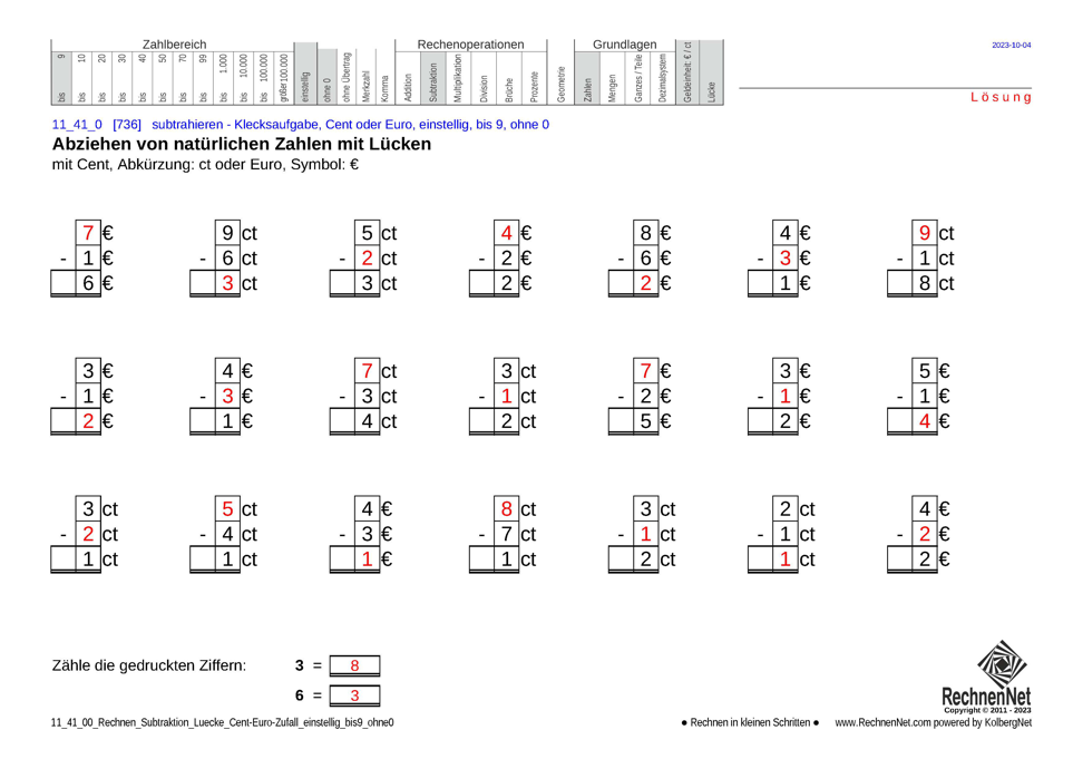 Lösung: 11_41_0 Rechnen Subtraktion Lücke Cent-Euro einstellig bis9 ohne0