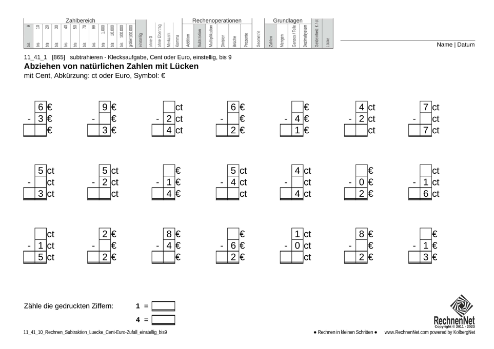 11_41_1 Rechnen Subtraktion Lücke Cent-Euro einstellig bis9 11_41_1 Rechnen Subtraktion Lücke Cent-Euro einstellig bis9