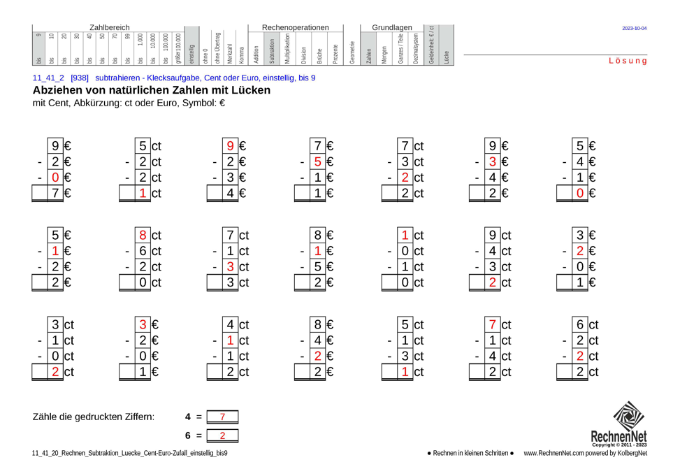 Lösung: 11_41_2 Rechnen Subtraktion Lücke Cent-Euro einstellig bis9 Lösung: 11_41_2 Rechnen Subtraktion Lücke Cent-Euro einstellig bis9