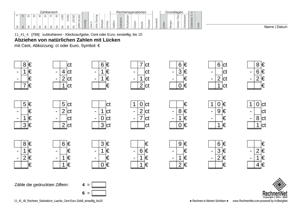 11_41_4 Rechnen Subtraktion Lücke Cent-Euro einstellig bis10 11_41_4 Rechnen Subtraktion Lücke Cent-Euro einstellig bis10