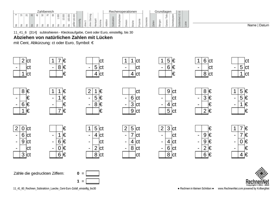 11_41_6 Rechnen Subtraktion Lücke Cent-Euro einstellig bis30 11_41_6 Rechnen Subtraktion Lücke Cent-Euro einstellig bis30