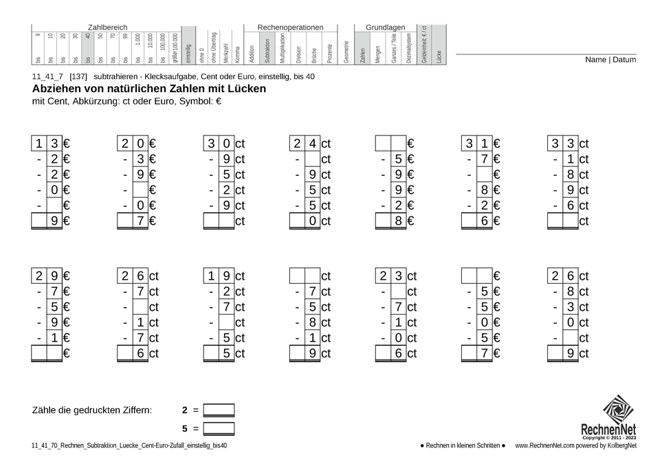 11_41_7 Rechnen Subtraktion Lücke Cent-Euro einstellig bis40 11_41_7 Rechnen Subtraktion Lücke Cent-Euro einstellig bis40