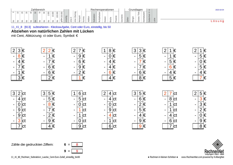 Lösung: 11_41_8 Rechnen Subtraktion Lücke Cent-Euro einstellig bis50 Lösung: 11_41_8 Rechnen Subtraktion Lücke Cent-Euro einstellig bis50