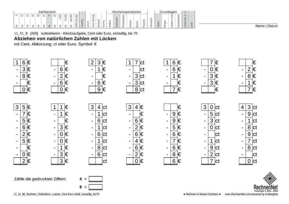 11_41_9 Rechnen Subtraktion Lücke Cent-Euro einstellig bis70 11_41_9 Rechnen Subtraktion Lücke Cent-Euro einstellig bis70