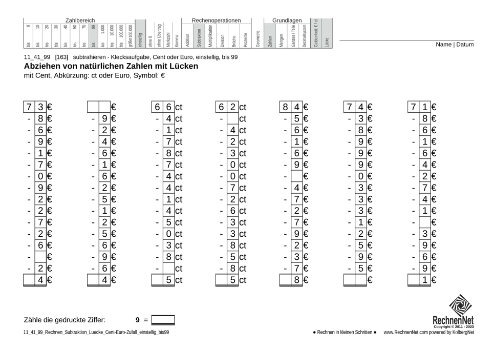 11_41_9 Rechnen Subtraktion Lücke Cent-Euro einstellig bis99 11_41_9 Rechnen Subtraktion Lücke Cent-Euro einstellig bis99