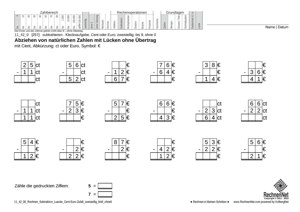 11_42_0 Rechnen Subtraktion Lücke Cent-Euro zweistellig bis9 ohne0