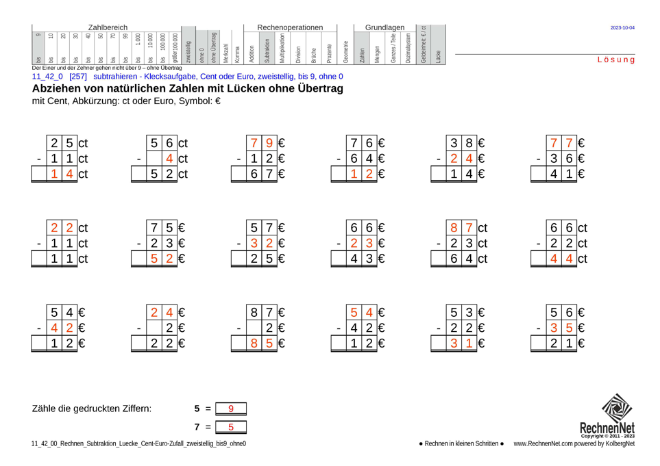 Lösung: 11_42_0 Rechnen Subtraktion Lücke Cent-Euro zweistellig bis9 ohne0