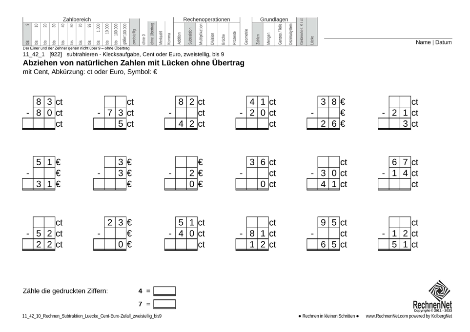 11_42_1 Rechnen Subtraktion Lücke Cent-Euro zweistellig bis9 11_42_1 Rechnen Subtraktion Lücke Cent-Euro zweistellig bis9