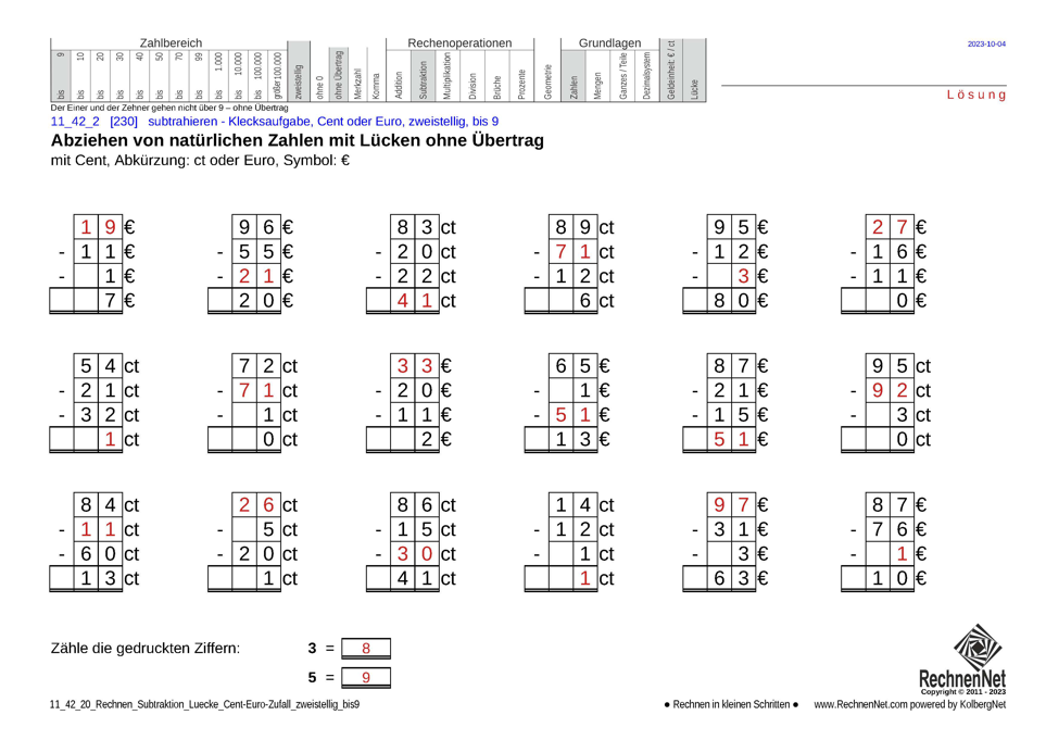 Lösung: 11_42_2 Rechnen Subtraktion Lücke Cent-Euro zweistellig bis9 Lösung: 11_42_2 Rechnen Subtraktion Lücke Cent-Euro zweistellig bis9