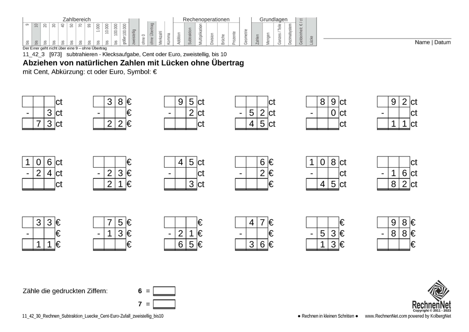 11_42_3 Rechnen Subtraktion Lücke Cent-Euro zweistellig bis10 11_42_3 Rechnen Subtraktion Lücke Cent-Euro zweistellig bis10