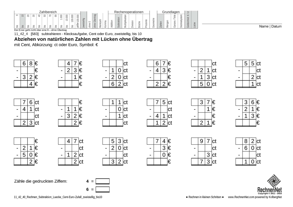 11_42_4 Rechnen Subtraktion Lücke Cent-Euro zweistellig bis10 11_42_4 Rechnen Subtraktion Lücke Cent-Euro zweistellig bis10