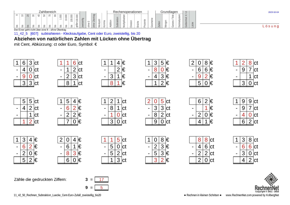 Lösung: 11_42_5 Rechnen Subtraktion Lücke Cent-Euro zweistellig bis20 Lösung: 11_42_5 Rechnen Subtraktion Lücke Cent-Euro zweistellig bis20