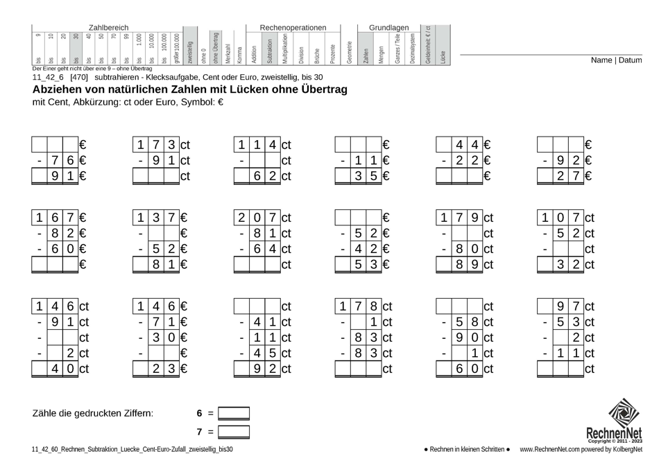 11_42_6 Rechnen Subtraktion Lücke Cent-Euro zweistellig bis30 11_42_6 Rechnen Subtraktion Lücke Cent-Euro zweistellig bis30