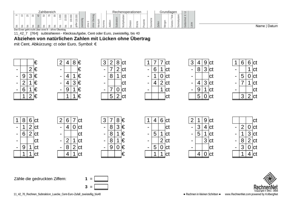 11_42_7 Rechnen Subtraktion Lücke Cent-Euro zweistellig bis40 11_42_7 Rechnen Subtraktion Lücke Cent-Euro zweistellig bis40