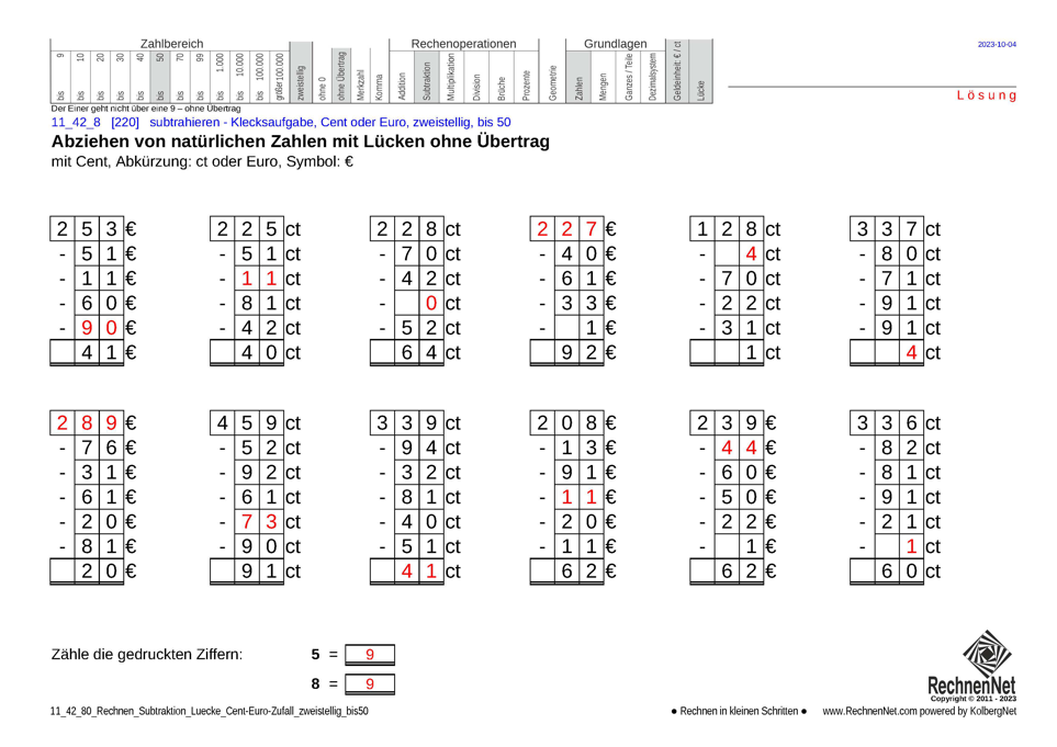 Lösung: 11_42_8 Rechnen Subtraktion Lücke Cent-Euro zweistellig bis50 Lösung: 11_42_8 Rechnen Subtraktion Lücke Cent-Euro zweistellig bis50