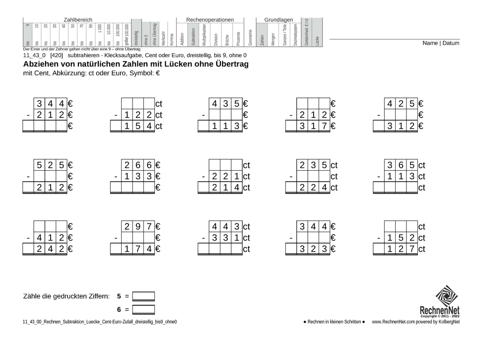 11_43_0 Rechnen Subtraktion Lücke Cent-Euro dreistellig bis9 ohne0