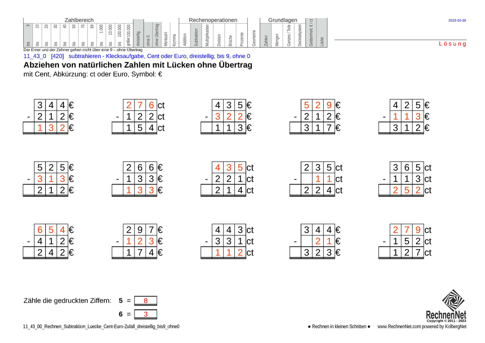 Lösung: 11_43_0 Rechnen Subtraktion Lücke Cent-Euro dreistellig bis9 ohne0