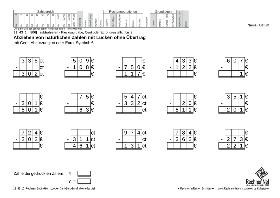 11_43_1 Rechnen Subtraktion Lücke Cent-Euro dreistellig bis9