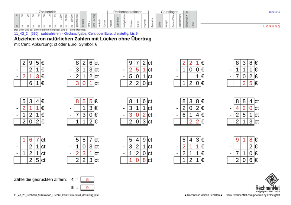 Lösung: 11_43_2 Rechnen Subtraktion Lücke Cent-Euro dreistellig bis9