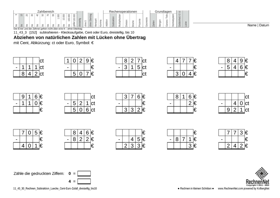 11_43_3 Rechnen Subtraktion Lücke Cent-Euro dreistellig bis10