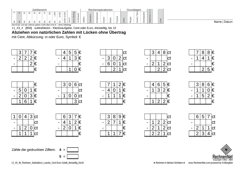 11_43_4 Rechnen Subtraktion Lücke Cent-Euro dreistellig bis10