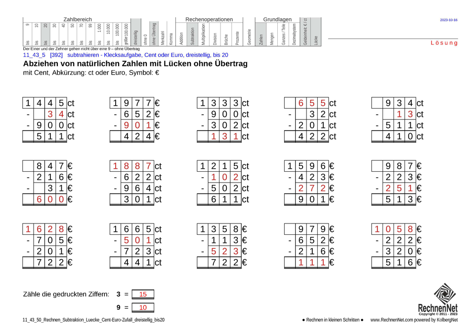 Lösung: 11_43_5 Rechnen Subtraktion Lücke Cent-Euro dreistellig bis20
