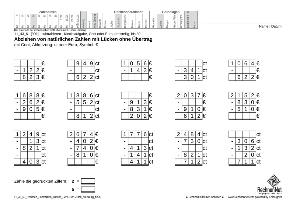 11_43_6 Rechnen Subtraktion Lücke Cent-Euro dreistellig bis30
