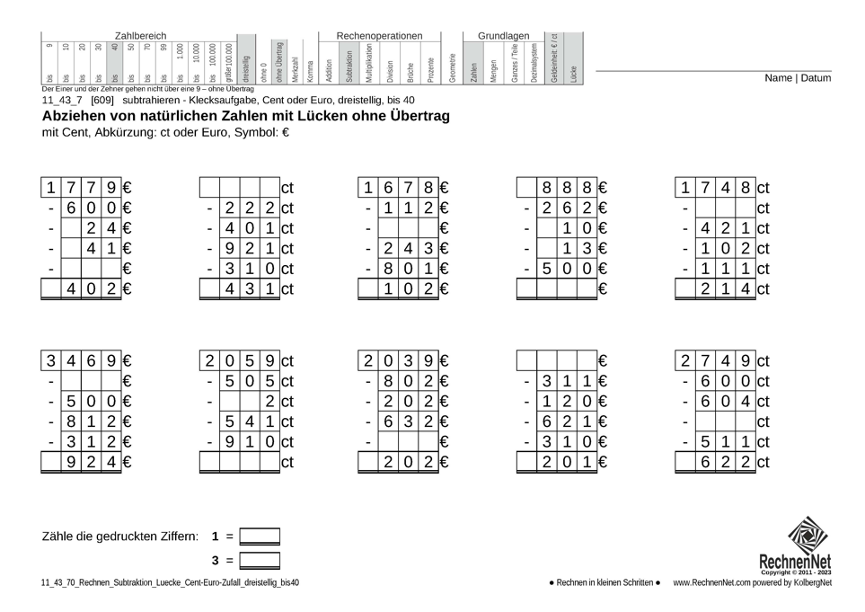 11_43_7 Rechnen Subtraktion Lücke Cent-Euro dreistellig bis40