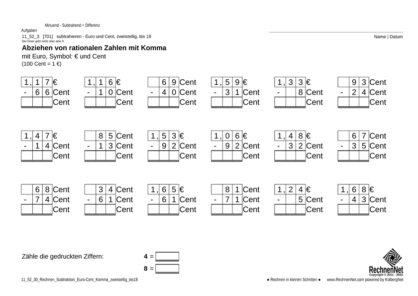 11_52_3 Rechnen Subtraktion Euro-Cent Komma zweistellig bis18