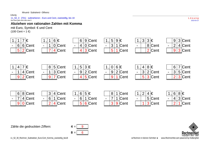 Lösung: 11_52_3 Rechnen Subtraktion Euro-Cent Komma zweistellig bis18