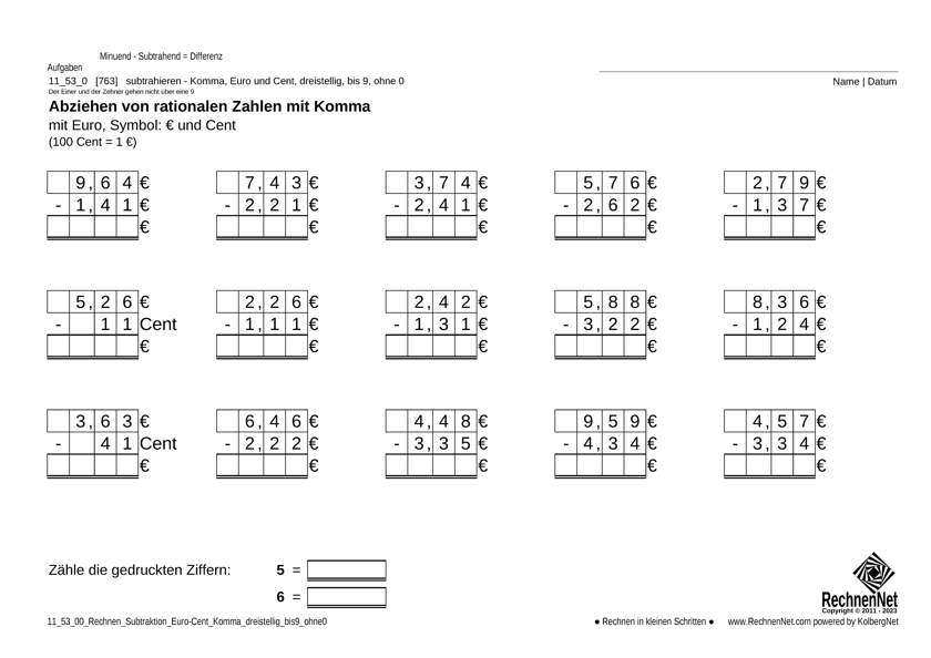 11_53_0 Rechnen Subtraktion Euro-Cent Komma dreistellig bis9 ohne0