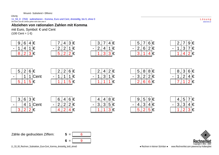 Lösung: 11_53_0 Rechnen Subtraktion Euro-Cent Komma dreistellig bis9 ohne0