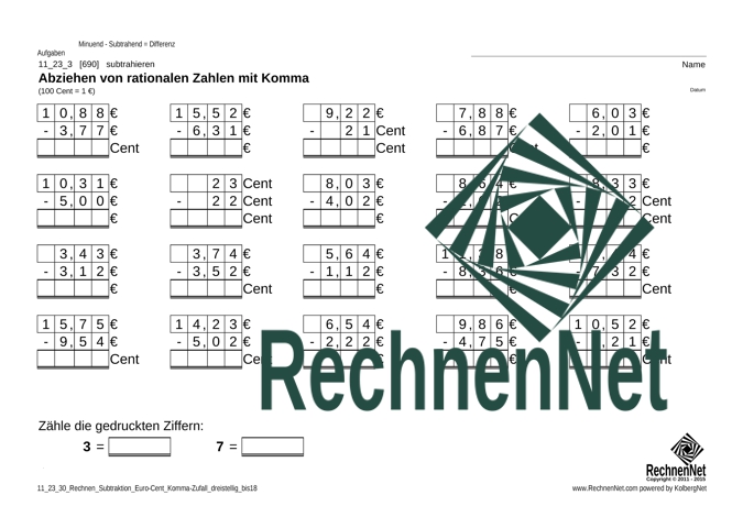 11_53_3 Rechnen Subtraktion Euro-Cent Komma dreistellig_bis18