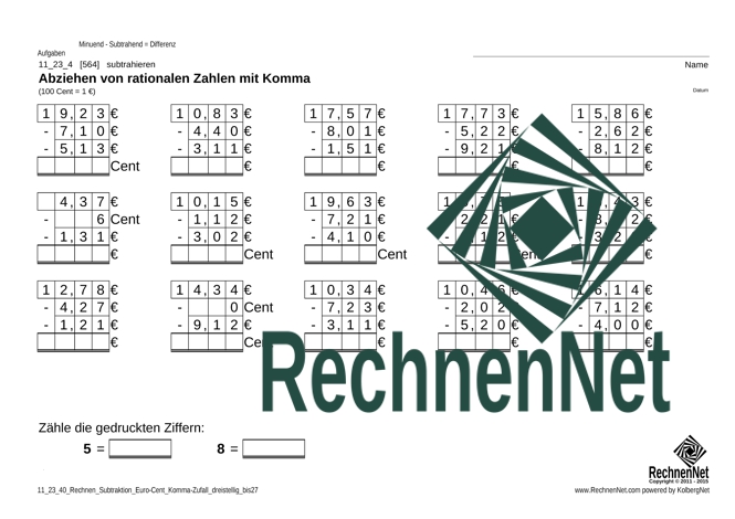 11_53_4 Rechnen Subtraktion Euro-Cent Komma dreistellig_bis27