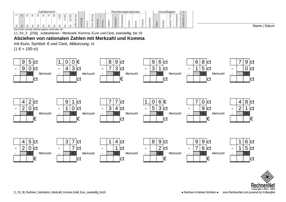 11_55_3 Rechnen Subtraktion Merkzahl Komma Euro zweistellig bis10