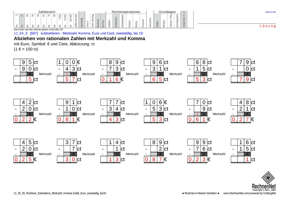 Lösung: 11_55_3 Rechnen Subtraktion Merkzahl Komma Euro zweistellig bis10
