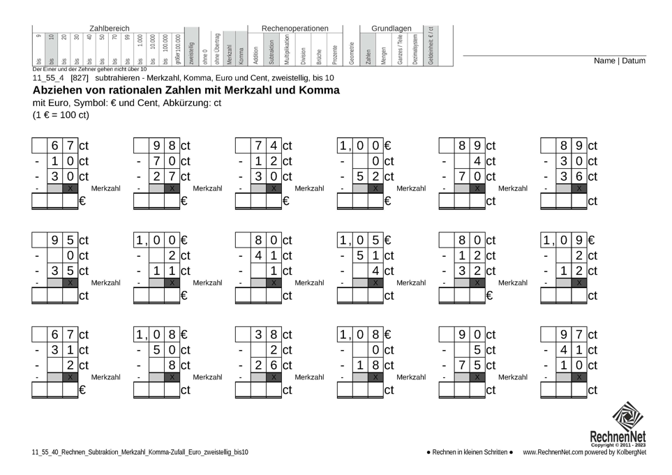 11_55_4 Rechnen Subtraktion Merkzahl Komma Euro zweistellig bis10