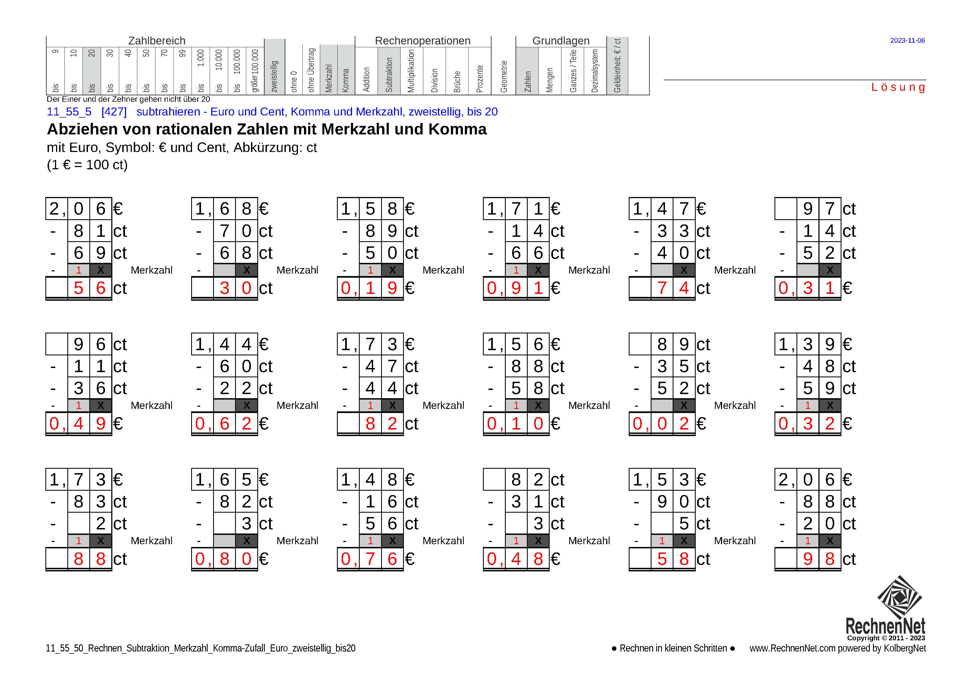 Lösung: 11_55_5 Rechnen Subtraktion Merkzahl Komma Euro zweistellig bis20
