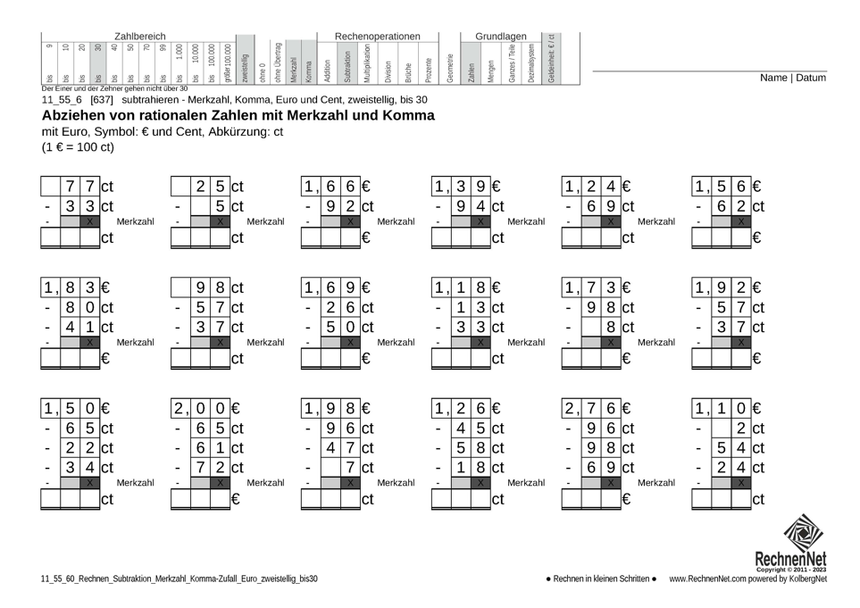 11_55_6 Rechnen Subtraktion Merkzahl Komma Euro zweistellig bis30