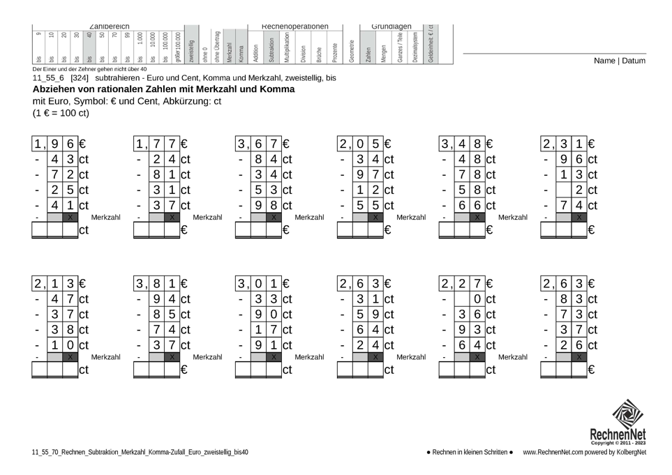 11_55_7 Rechnen Subtraktion Merkzahl Komma Euro zweistellig bis40
