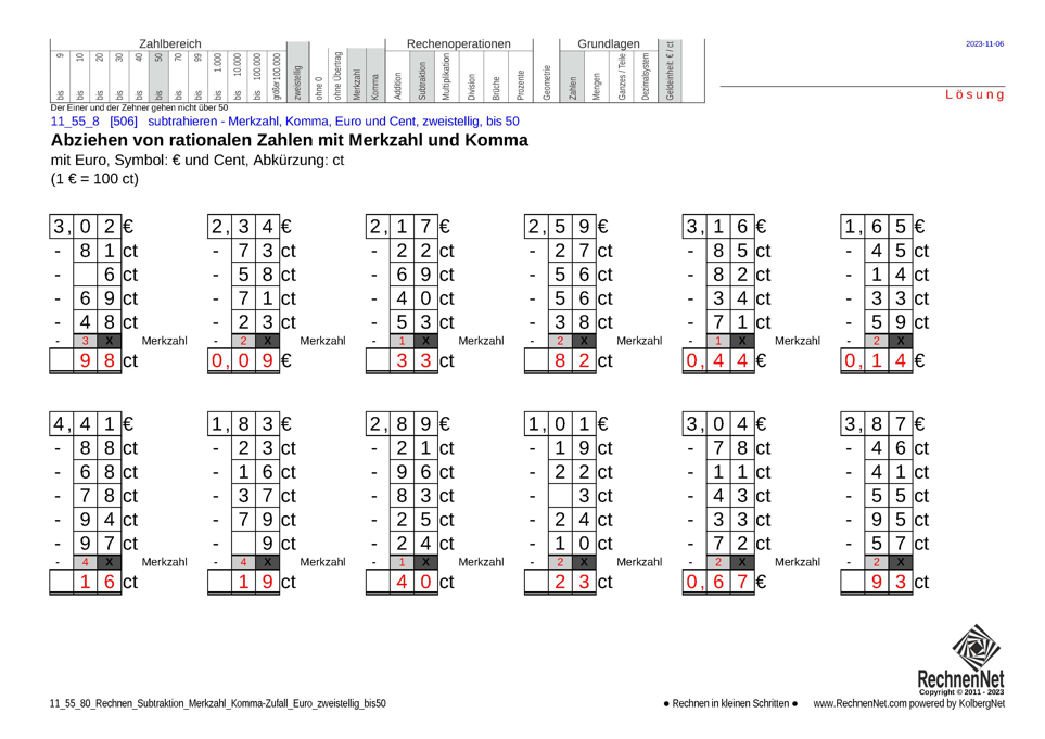 Lösung: 11_55_8 Rechnen Subtraktion Merkzahl Komma Euro zweistellig bis50