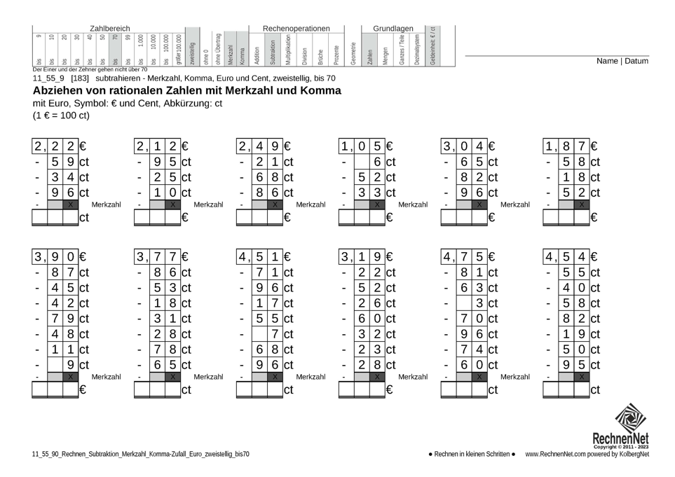 11_55_9 Rechnen Subtraktion Merkzahl Komma Euro zweistellig bis70