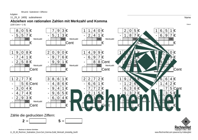 11_55_6 Rechnen Subtraktion Euro-Cent Komma Merkzahl dreistellig_bis49