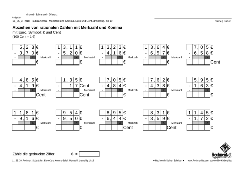 11_56_3 Rechnen Subtraktion Merkzahl Komma Euro dreistellig bis19