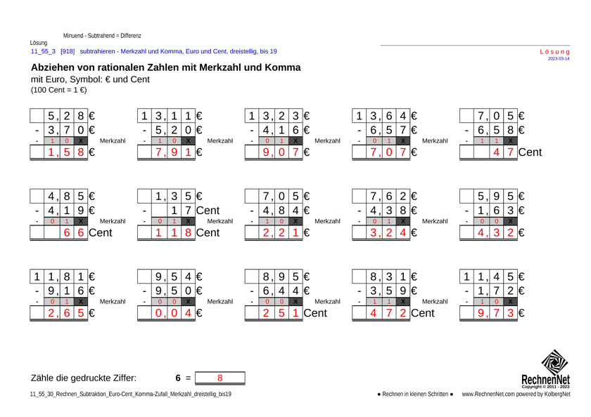 Lösung: 11_56_3 Rechnen Subtraktion Merkzahl Komma Euro dreistellig bis19