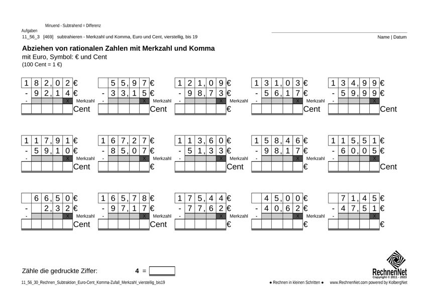 11_57_3 Rechnen Subtraktion Merkzahl Komma Euro vierstellig bis19