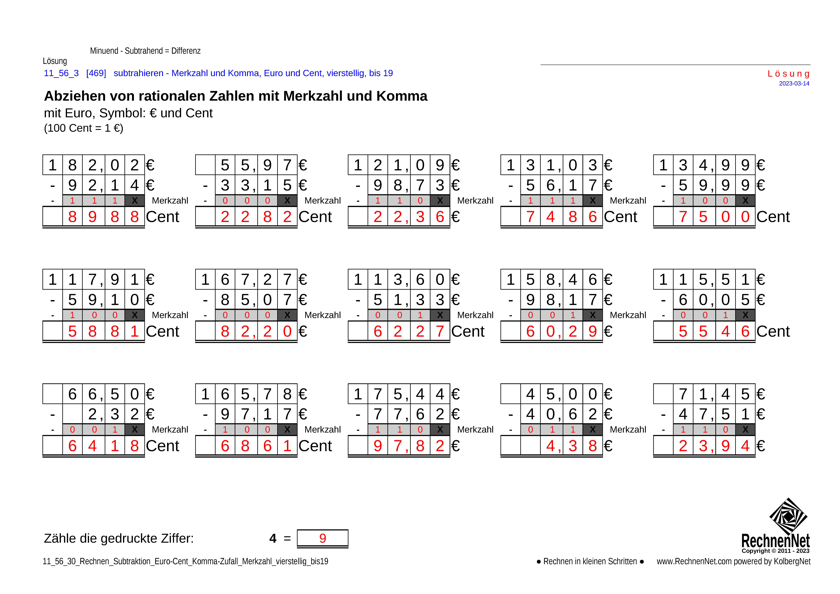 Lösung: 11_57_3 Rechnen Subtraktion Merkzahl Komma Euro vierstellig bis19
