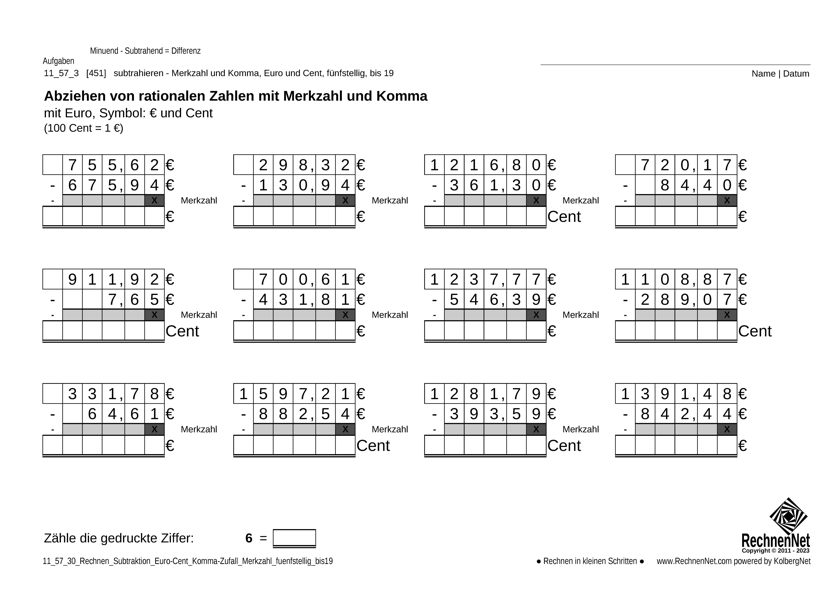 11_58_3 Rechnen Subtraktion Merkzahl Komma Euro fünfstellig bis19