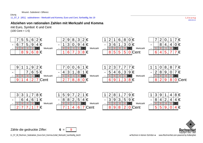 Lösung: 11_58_3 Rechnen Subtraktion Merkzahl Komma Euro fünfstellig bis19